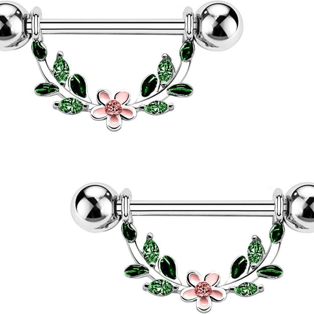 Hypoallergenic 14G Nipple Rings Set - Flower Barbell with Cubic Zirconia